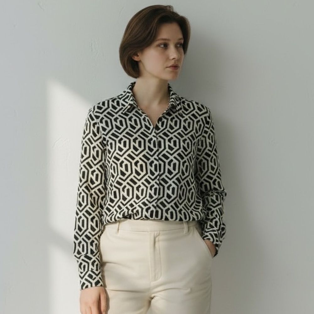 Pleione Black and Cream Patterned Blouse